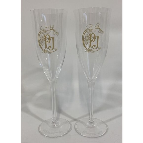 Pair (2) Perrier Jouet Champagne Flutes Glasses Etched Logo - Picture 1 of 7